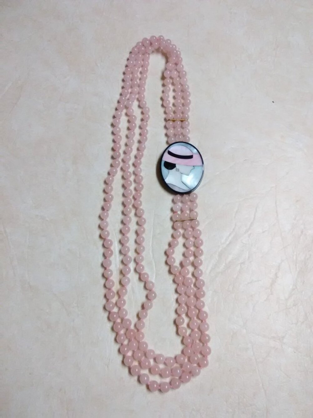 Art Deco pink glass beads ( maybe quartz? ) 3 strand pendant necklace excellent - Picture 2 of 11
